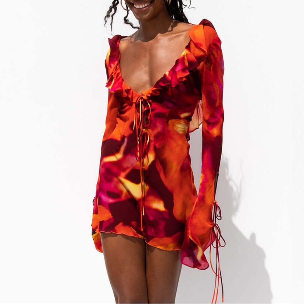 Dali Dress Mini Long Sleeve Red Silk Rare Small Orange Fire